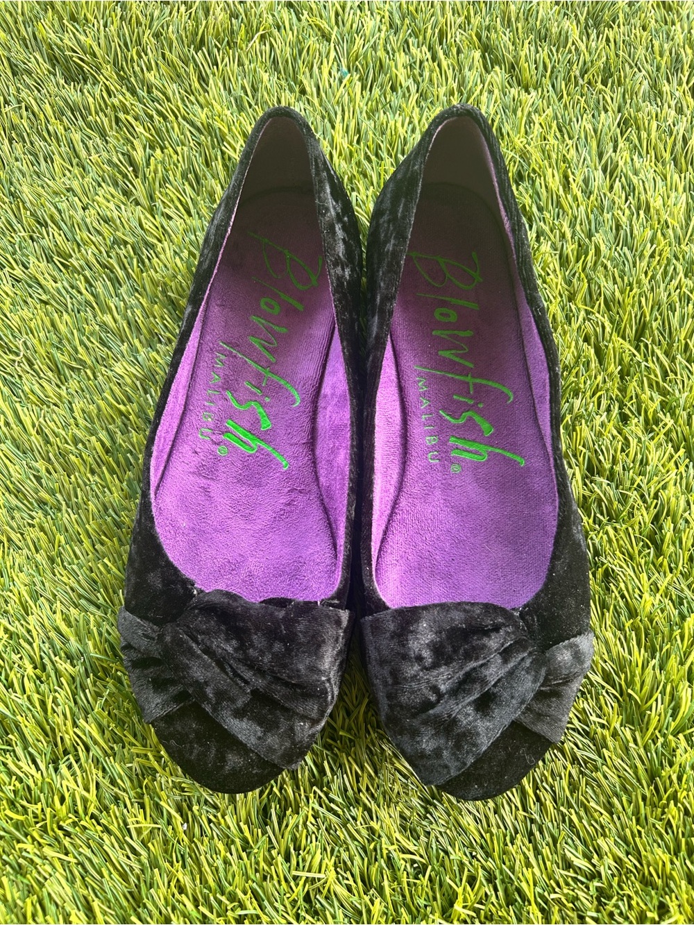 Blowfish Black Velvet Knot Flats with Purple Insole